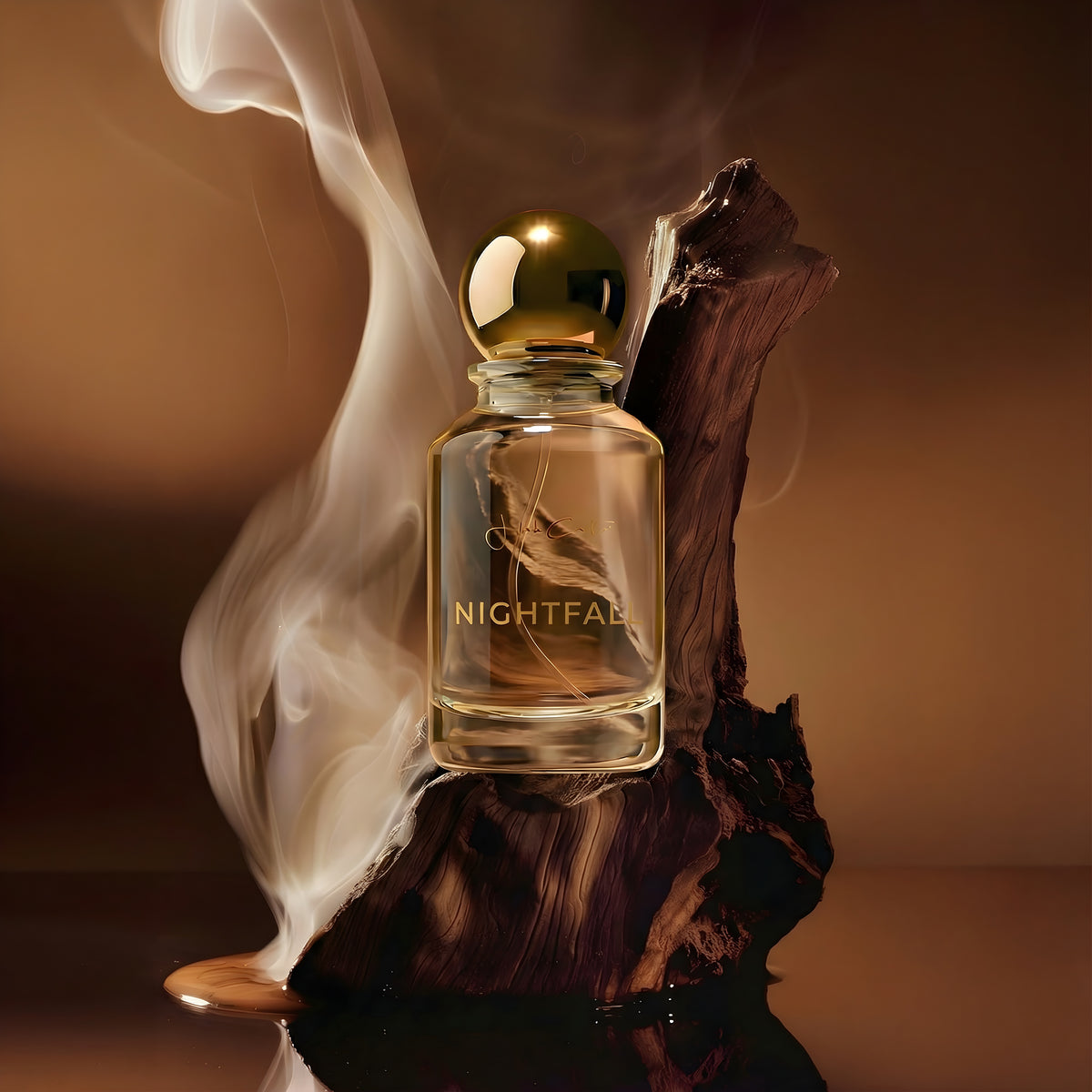 Nightfall perfume bottle with a gold spherical cap on dark wood, surrounded by curling smoke.