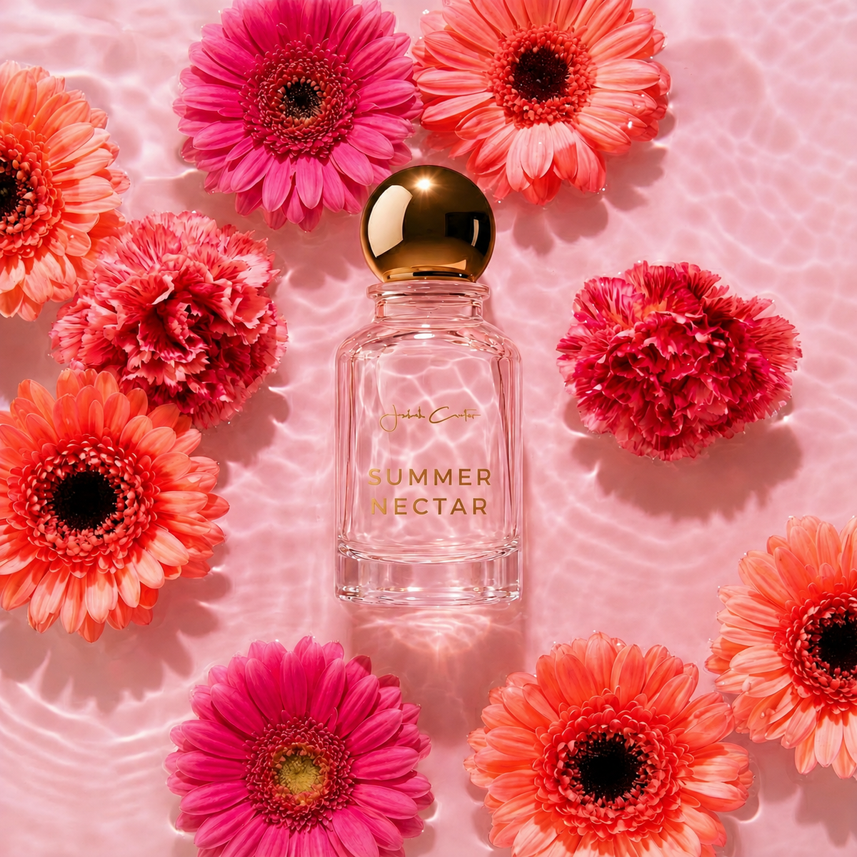Summer Nectar perfume bottle with a gold spherical cap surrounded by pink and coral flowers on rippling pink water.